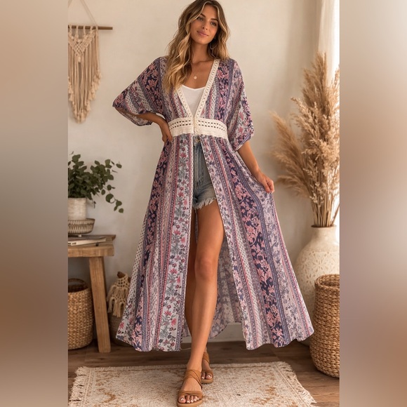 Boho Floral Crochet Duster XXL 19 Cottagecore Romantic Kimono - Picture 2 of 8